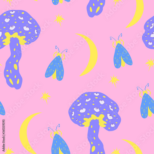 Vector seamless pattern with mushrooms, moths, moons and stars on pink background