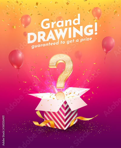 Winning gifts lottery vector illustration. Grand drawing. Open textured box with golden question mark and confetti explosion off and on bright background.