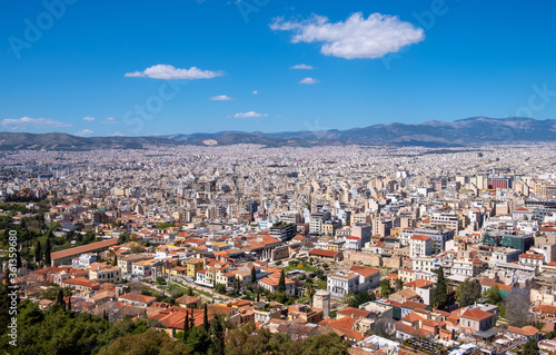 Panoramic view of metropolitan Athens, Greece with northern districts and suburban areas seen from Acropolis hill