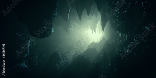 light in dark cave with stalactites 3d illustration