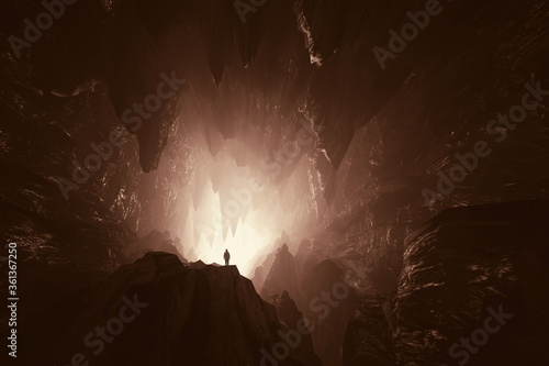man in big cave surreal 3d illustration