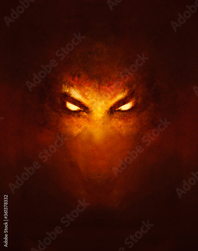 the face of a demon with glowing eyes, in the dark - a painting
