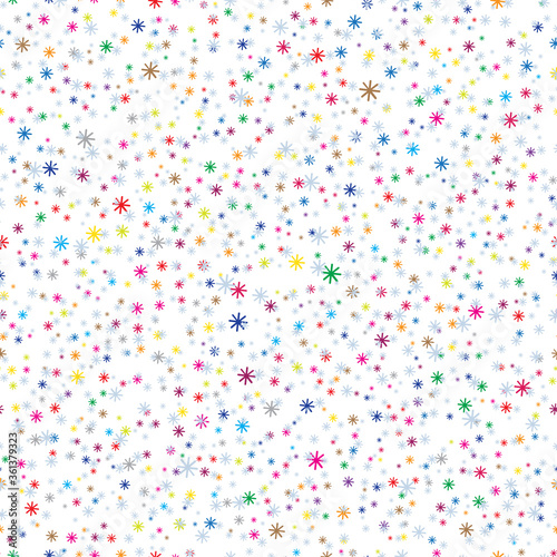 Snowfall. Holiday Wallpaper. Christmas and New Year background. Winter endless background. Snowflakes seamless pattern. Tiny Colorful snowflakes on white background.