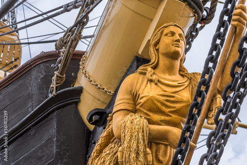 Golden figurehead in the bow of the frigate Jylland