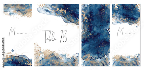 Classic blue and gold wedding set with hand drawn watercolor background. Includes table number and menu cards templates