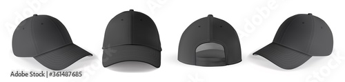 Cap mockup set. Isolated realistic black baseball cap hat templates. Front, back and angle view of adult man caps mockup collection. Vector sport uniform headwear clothing fashion mock up