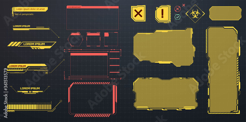 GUI Futuristic User Interface. Creative set futuristic frame, virtual Hi-tech display, screen, element. Callouts titles in HUD style. Futuristic callout bar labels, information call box bars. Vector