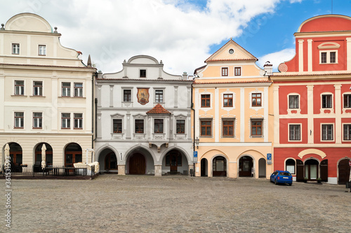 Colorful historic town houses at the square of Cesky Krumlov without people during coronavirus lockdown