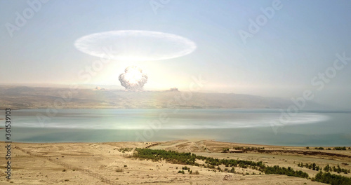 Nuclear atom bomb over Desert mountains and sea. 3d rendering, Dead sea,ISrael aerial