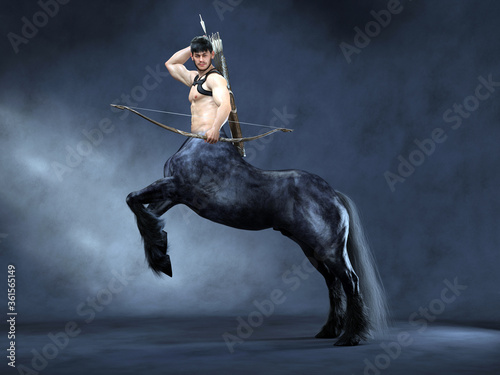 3D Rendering : A portrait of the male centaur, a pinup centaur posing with a bow in his hand as the centaur archer 