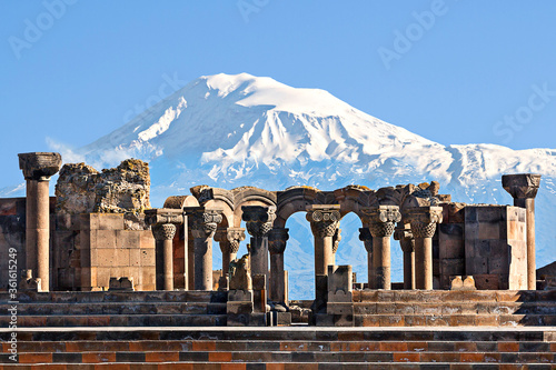 Ruins of Zvartnots Temple with Mount Ararat in the background, Armenia