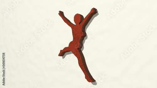 woman jumping and dancing from a perspective on the wall. A thick sculpture made of metallic materials of 3D rendering. beautiful and young