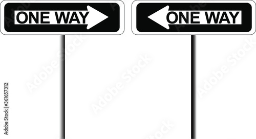 Two black and white one-way signs pointing different directions