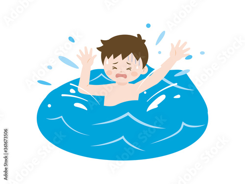 海で溺れる少年のイラスト