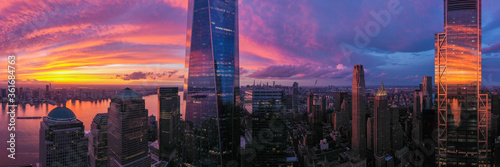 Panorama view of the Skyline of Manhattan in sunset day, New York City, United States. 