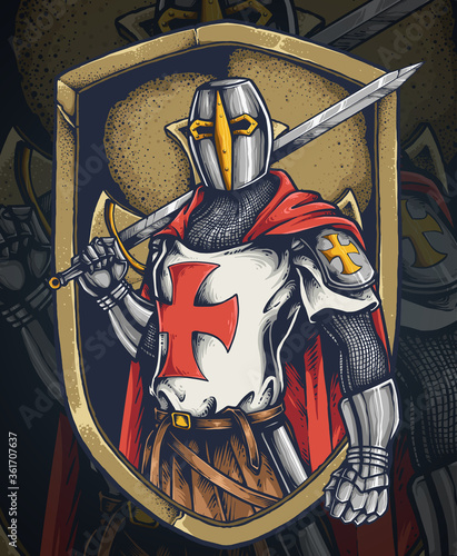 Vector illustration of knight templar with a long sword and shield ready for a battle