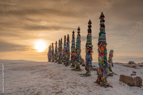 Wooden shaman totems at Burhan Cape, Baikal Lake, Russia