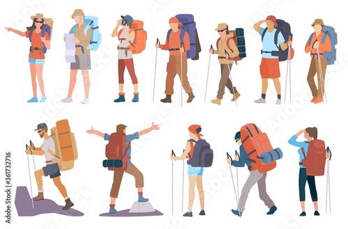 People with hiking backpack and trekking sticks. Young men and women explorer or traveller in sportswear. Adventure tourism, travel and discovery flat vector illustration.
