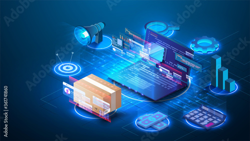 Smart logistics industry 4.0. Inventory optimization isometric Asset warehouse and inventory management supply chain technology concept. Auditing of data, digital technology. Web banner template