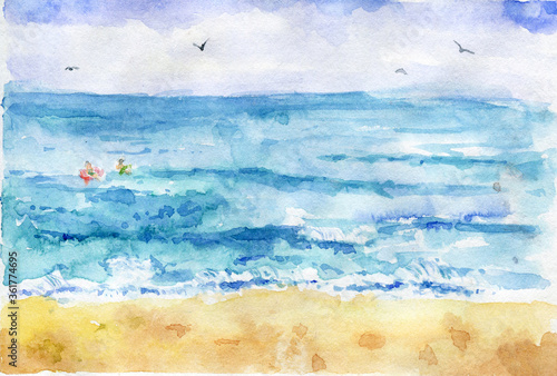 Watercolor sea sketch, blue waves and yellow sand, Hand deawn illustration of summer. Sea landscape