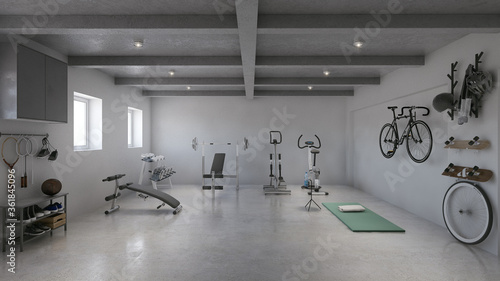 Private hotel home gym in basement showcase. Light sport room with gym equipment storage rendering