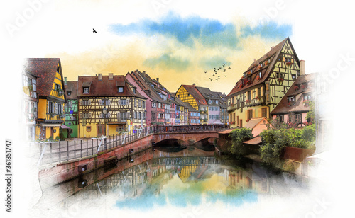 Panorama city of Colmar, France. Watercolor sketch