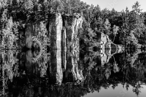 Sandstone rock towers reflected in Vezak Pond, Czech: Vezicky rybnik, Bohemian Paradise, Czech: Cesky Raj, Czech Republic
