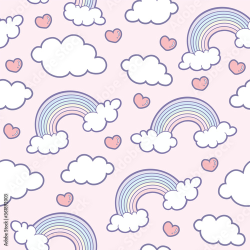 Rainbow and clouds with heart on a light pink background repeating seamless pattern