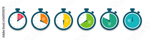 Set of timer. Stopwatch icons. Countdown 10.20,30,40,50,60 minutes. Vector