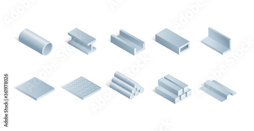 Rolled metal metallurgical steel products - set of isometric icons for industry and metallurgy