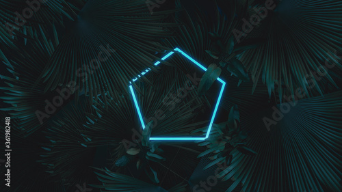 3d rendering of blue pentagon neon light with tropical leaves. Flat lay of minimal nature style concept