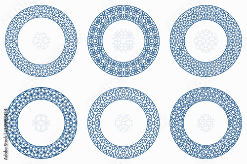 Arabic geometric round patterns set. Borders, frames. Vector illustration of round Islamic ornament elements with seamless pattern brushes
