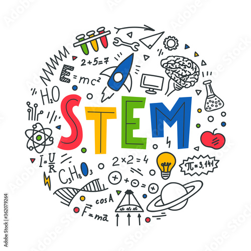 STEM. Science, technology, engineering, mathematics. Science education doodles and hand written word "STEM"