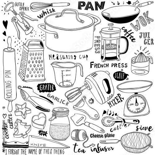 hand-drawn kitchen utensils doodles
