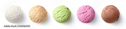 Set of five various ice cream scoops or balls