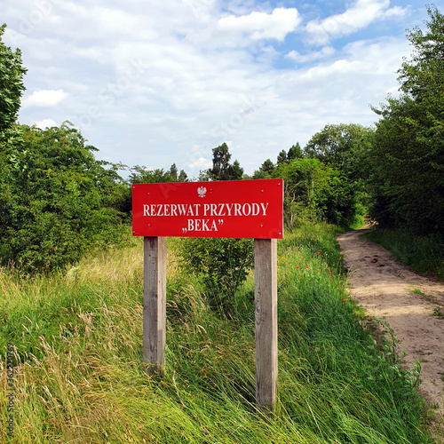 Beka Nature Reserve sign. Reserve in Kashubia in Poland.