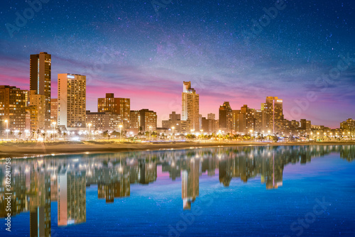 Durban city beachfront buildings lit up at night
