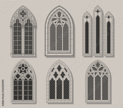 Medieval Gothic Style Windows, Drawings Set 