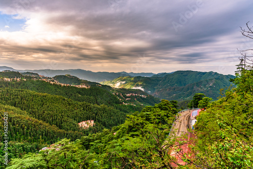 Beautiful panoramic landscape from mall road of Shimla, the state capital of Himachal Pradesh located amidst Himalayas of India.