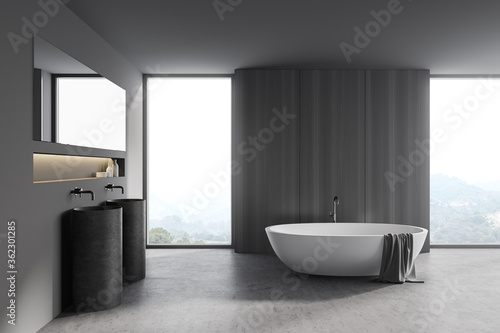 Grey and wood bathroom interior with tub and sink
