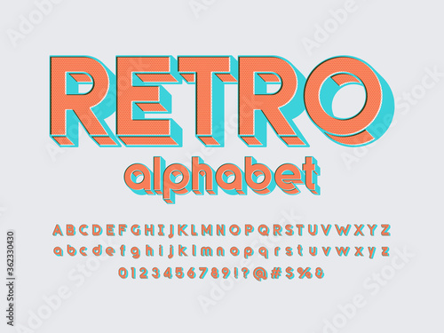 3D retro styled alphabet design with uppercase, lowercase, numbers and symbols