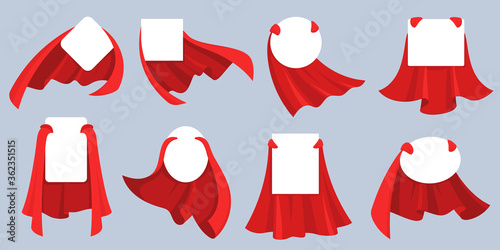 Red hero cape label. White empty badges with super hero, power man cloak. Cartoon vector mockup for kids product advertising. Super cloak hero for discount banner, child fashion mantle illustration