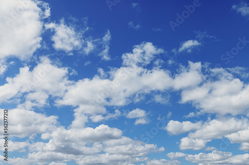 Clouds in blue sky. White, fluffy clouds In blue sky. Background nature. Texture cumulus floating on blue sky. Backgrounds concept. Environment, atmosphere. Place for an inscription or logo