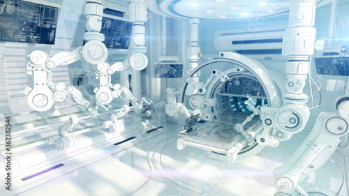 High-tech laboratory with diagnostic equipment. 3d rendering of futuristic lab