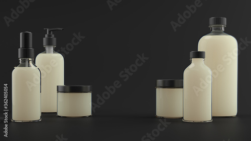 3d render of beauty bottles. Cosmetic bottle 3d background. Set of body care flasks with abstract liquid on dark background...