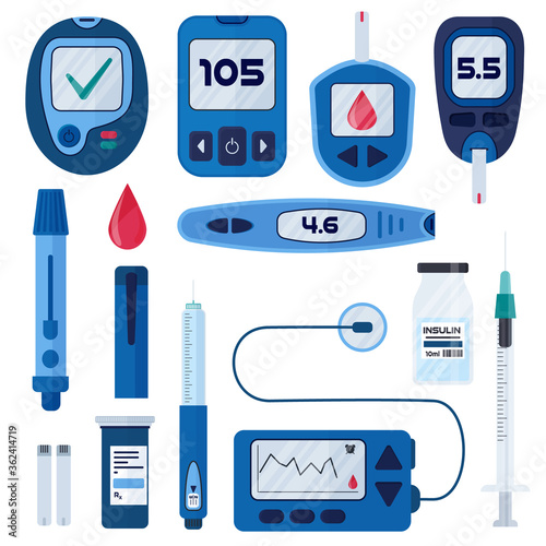 Diabetes flat vector infographic elements set in cartoon style. Diabetes equipment icon collection. Insuline pump, glucometer, syringe, pen, lancet, test strips. Concept of healthcare and prevention