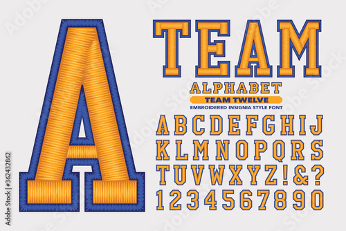A Collegiate or Sports Styled Alphabet with Embroidered Thread Effects; This Font is Suited to Sports Team Names and Collegiate Wear