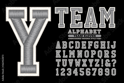 A Collegiate or Sports Styled Alphabet with Embroidered Thread Effects; This Font is Suited to Sports Team Names and Collegiate Wear