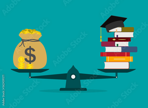 Money for education. Cost of college and invest in school. Scholarship of student. Finance loan, debt for study in university. Stack with dollar for diploma of bachelor. Value tuition concept. Vector