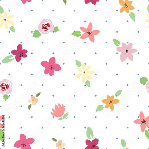 Pastel color flat design flowers with tiny blue dots background seamless pattern 